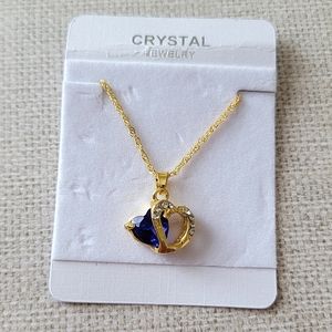 Double Heart Gold Tone and Blue Sapphire Rhinestone Crystal Necklace